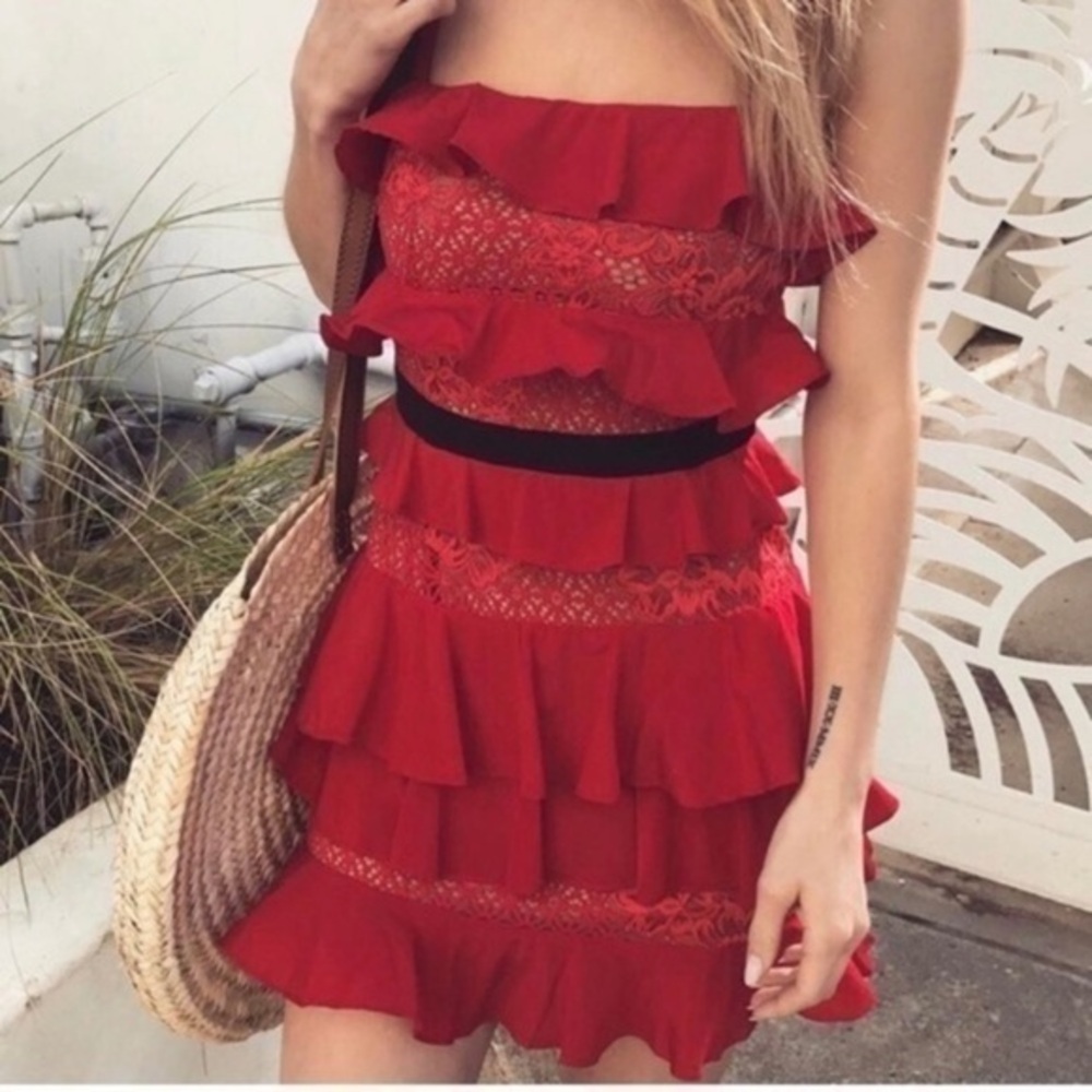 Red Ruffle Strapless Dress with Lace Trim